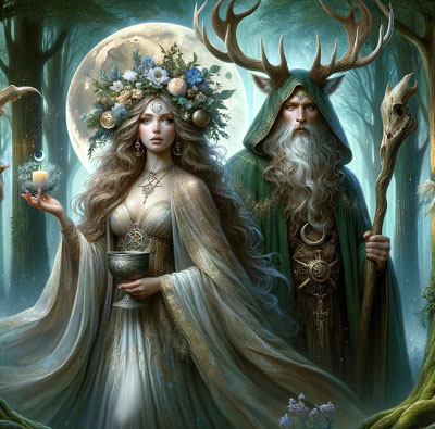 The Great Mother Goddess and The Great Horned God from the introduction to Wiccan Gods and Goddesses from The Witchy Guide. Image depicts an ethereal Moon Goddess waering a crown of flowers in her hair holding a chalice or cup (representing the Divine Feminine) in one hand and a candle with a crescent moon in her other hand, adorned in Pentacles, wiccan symbols, a flowing gown. Beside her the God of the Hunt, stands adorned in a green cloak with horns on his head, adorned in the symbols of the Sun and the Divine Masculine and holding a staff. A forest and the Moon forms the backdrop.