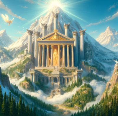 Image of Mount Olympus home of the Greek Gods and Goddesses. Image depicts majestic, heavenly-looking temple sitting at the top of Mount Olympus surrounded by greenery, clouds, and blue skies, with light emanating from the very top of the mountain and a huge gold statue above the entry to the temple from The Greek Pantheon by The Witchy Guide