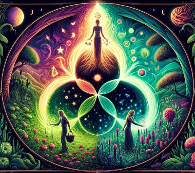 Image of The Threefold Law from The Witchy Guide. Image depicts a circle broken into three sections. Each section has a differnt landscape and there are three figures (one in each section) all of whom are joined by an interwoven stream of energy, symbolic of The Wiccan Threefold Law and how we are all interconnected