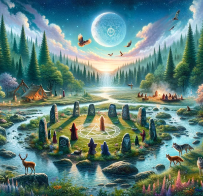 Image from The Witches Rune on The Witchy Guide, image depicts a coven of witches meeting in a magick circle in the midst of a vast landscape, the circle is surrounded by stones, water, animals and trees, the moon shines in the cloudy, starry skies above, owls fly overhead and a pentacle forms the middle of the circle. The witches' homes can be seen in the background. 