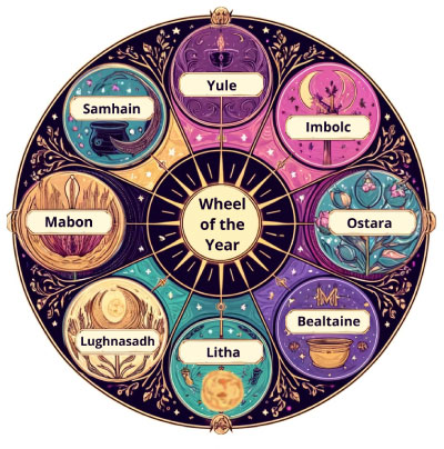 Image depicts the Wiccan Wheel of the Year from the Wiccan Celebrations Page of The Witchy Guide. Image shows a colourful wheel with Samhain, Yule, Imbolc, Ostara, Bealtaine, Litha, Lughnasadh and Mabon.