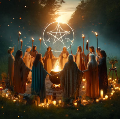 Image depicts thirteen witches, members of a Wiccan coven in the woods, standing in a magick circle around a cauldron with a pentacle emblazoned behind them. Image is from the joining a coven page of The Witchy Guide