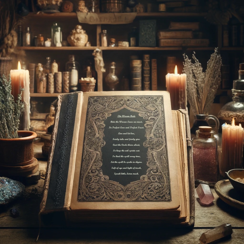 Image from The Wiccan Rede on The Witchy Guide, depicts long version of The Wiccan Rede written in a Book of Shadows (spellbook) on a wooden table in a witch's kitchen surrounded by candles, herbs, potions, crystals and other magickal tools, the backdrop shows shelves filled with other magick books and items. 