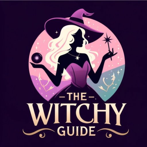Logo for The Witchy Guide. Image depicts the silhouette of a Wiccan witch with long blonde flowing hair and wearing a purple dress, purple witch's hat, and a star necklace and holding a crystal ball and magic wand. She stands before a pink, purple and turquoise, starry background.