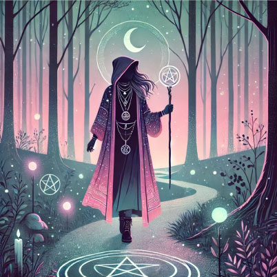 Image depicts a solo witch, walking through the woods, carrying a pentagram with the moon behind her and pentagrams and candes around her, illuminating her solitary wiccan path. Image is from the Being a Solitary Witch (solitaire) page of The Witchy Guide.