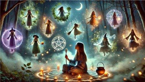 Image depicts a solo girl in the woods, sitting in circle contemplating what type of witch she is with a crescent moon behind her and candes and a cauldron around her, as the different types witches are visually depicted in the sky above her: Baby Witch, Traditional Witch, Green Witch, Hedge Witch, Kitchen Witch, Folk Witch, Ancestral Hereditary, Eclectic Wicca, Elemental, Cosmic, Tech, Chaos, Solitary, Coven, Shadow Witch, Ceremonial, Death and Sea Witch Image is from the Types of Witches page of The Witchy Guide. 