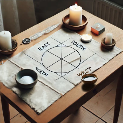 Image depicts a basic witch's altar for beginners that shows a simple table with an altar cloth, and a feather at the east point, a candle at the south, a bowl of water at the west, and a dish of salt at the north to signifiy Air, Fire, Water and Earth from the Tools of Witchcraft page of The Witchy Guide.