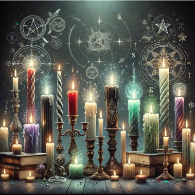 Image depicts an altar full of all different types of candles used in magick, ritual and spell work from Types of Candles page of The Witchy Guide.