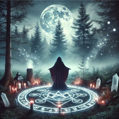 Image depicts a solo witch, in the woods, casting a circle with the moon behind her and pentagrams and candes around her, illuminating her magickal circle. Image is from the Casting a Circle Wiccan and Non-Wiccan page of The Witchy Guide covering what is a magical circle, how to cast a circle, how to open or close a circle and more!