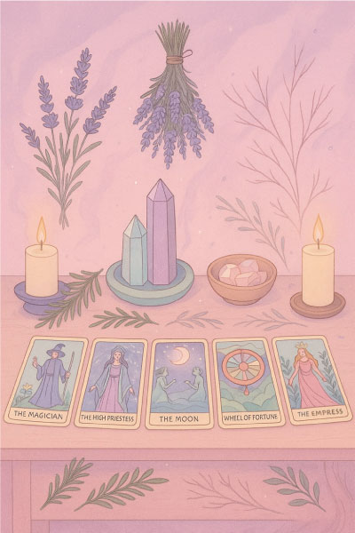 Image depicts an altar with different types of Tarot cards laid out in a Tarot spread and surrounded by spell candles, crystals and magickal herbs used in magick, ritual and spell work from the Tarot Reading and Witchcraft page of The Witchy Guide.