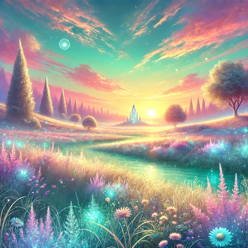 Image depicts The Summerland an ethereal land of eternal Summer where Wiccan witches go before reincarnation, a beautiful blissful paradise landscape with flowing rivers, blooming flowers and tall trees, sparkling in the sunlight which illuminates the sky in hues of pink, yellow and aqua from The Wiccan Afterlife page of The Witchy Guide.