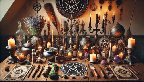 Image depicts a huge witch's altar that shows a multitude of witchcraft tools: athames, bolines, ritual blades, a pentacle altar plate, mini cauldrons, candles, besoms, herbs, crystals, oil, incense, tarot cards, pestle & sealing wax, runes from the Tools of Witchcraft page of The Witchy Guide.