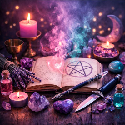 Image depicts a witch's altar that shows witchcraft tools and spell ingredients: wand, athame, candles, besoms, herbs, crystals, oil, incense, book of shadows, chalice from the Spell Basics page of The Witchy Guide.